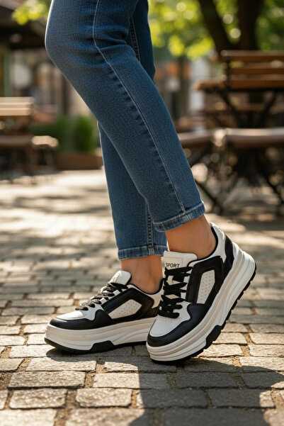 IN-STEP Ropee Street Style High Sole Black and White Women's Sneaker