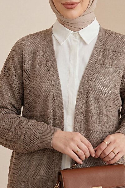 Modamorfo Patterned Openwork Knitwear Cardigan -Mink