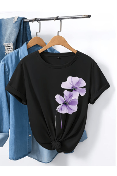 one button 2 Τεμάχια Μωβ Μπλουζάκια με στάμπα λουλουδιών Premium Oversize