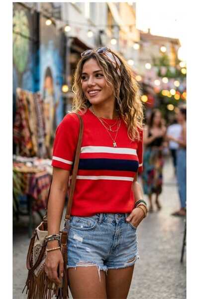 PAZEN MODA تي شيرت تريكو فاخر من القطن الميرسيريزد ذو خطوط حمراء من PERA