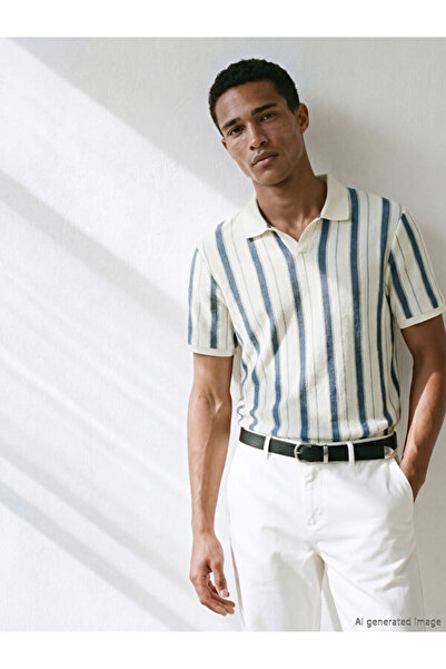 LC Waikiki Tricou pentru bărbați din țesătură Terry cu dungi și guler Devran,...