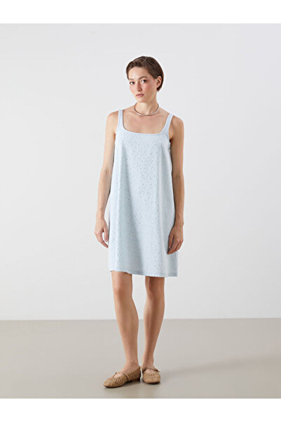 LC Waikiki Square Roba Collar Rhinestone Strap A-Fit Mini Jean Dress for Styl...