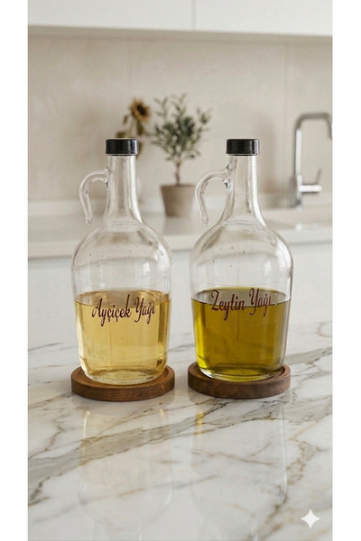 Dia Set of 2 Glass Oil Bottles 1500 ml - Glass Oil Bottle with Wooden Stand