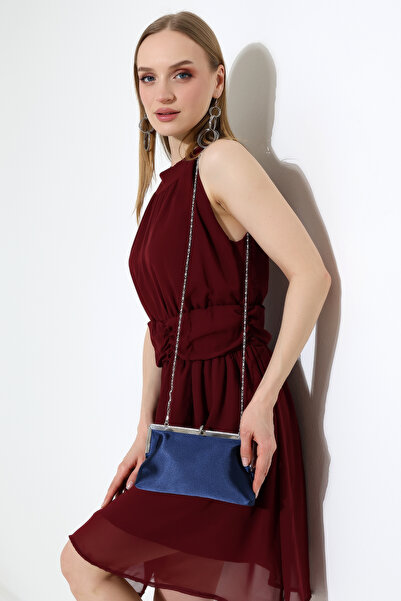 BALANZ Dark Blue Satin Evening Dress Bag with Stone-Set Clasp and Chain Detai...