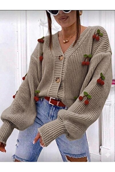 yardıtekstil Cardigan with Cherry Accessories, Sporty Knitwear Cardigan, 100%...