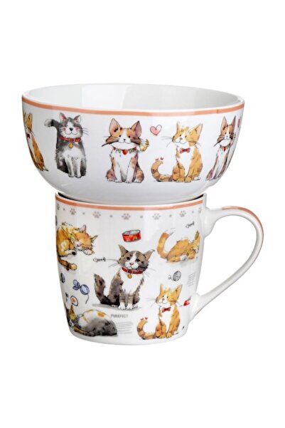 SHOPIENS Set of 2 Ceramic Mug 340 ml + Bowl 480 ml Cat Design White Pink