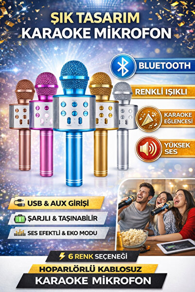 Subzero Karaoke Mikrofon Bluetooth Kablosuz Hoparlörlü Mikrofon Işıklı USB AUX Destekli Şarjlı