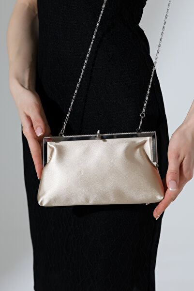 BALANZ Cream Satin Evening Dress Bag with Stone Decoration, Chain Detail, Clu...
