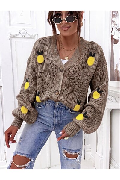 yardıtekstil Knitwear Cardigan 100% Acrylic Lemon Patterned Embroidered Sport...