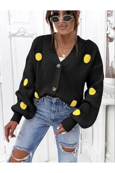 yardıtekstil Knitwear Cardigan 100% Acrylic Lemon Patterned Embroidered Sport...
