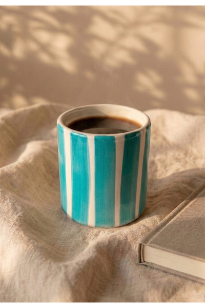 Love Bundles Striped Ceramic Mug 220 ml Handleless Coffee Cup – Blue