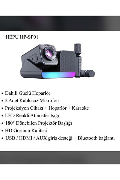 HEPU HP-SP01 4K PROJEKSİYON + MÜZİK KUTUSU + KARAOKE SET