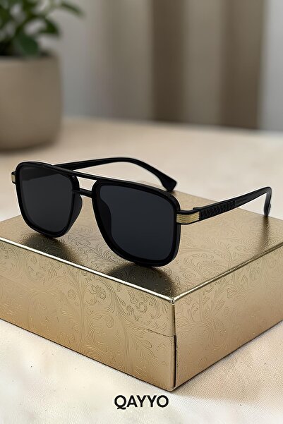 QAYYO Accessories Marion Metal Square Black Gold Frame Unisex Uv400 Sunglasses