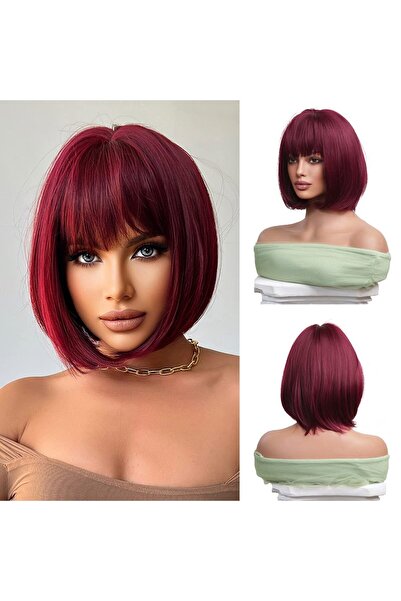 OEM Perucă bob bordo, 30 cm, păr sintetic drept