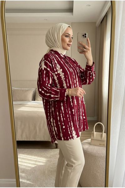 Kirazca Butik Women's Buttoned Patterned Shirt Collar Comfortable Fit Hijab T...