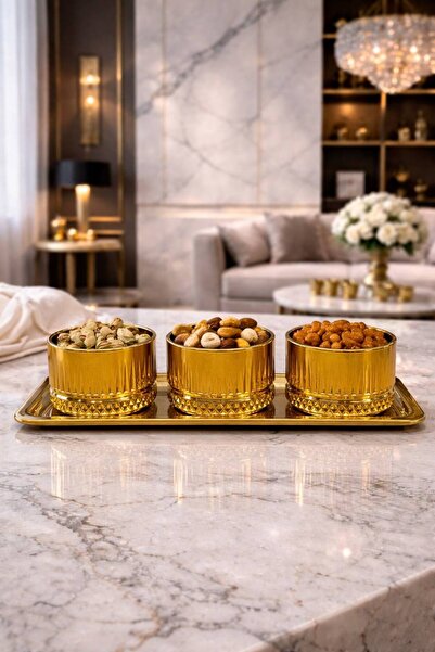 rova tr – Aura Series 3 Snack Bowls + 1 Tray Glass Titanium Coated Turkish De...