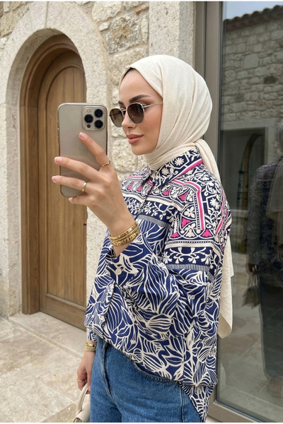 Kirazca Butik Women's Buttoned Patterned Shirt Collar Comfortable Fit Hijab T...