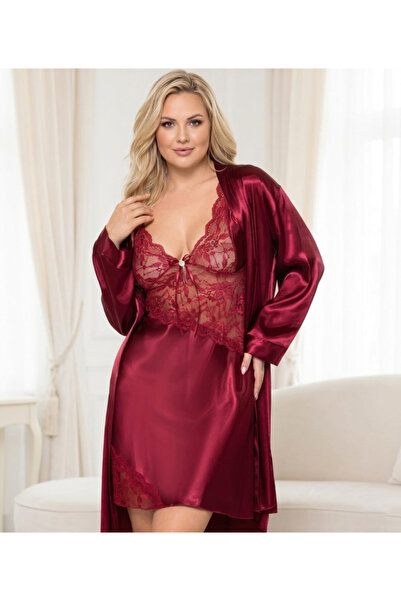 Viselya Lace detailed plus size satin robe nightgown set
