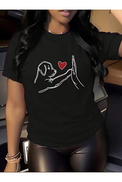 NOURAM Printed T-shirt, Cute Cartoon Dog Print T-shirt, Round Neck Short Slee...