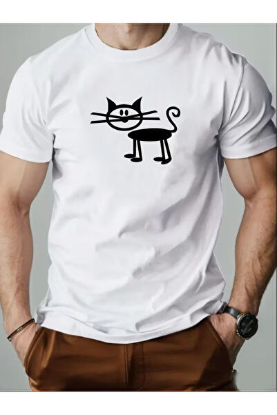 NOURAM Men'S Short White T-Shirt with a Cat Design for Summer Casual Wear