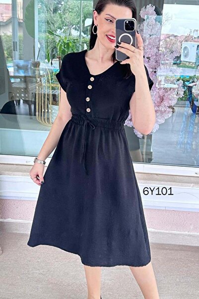 İnce Topuk Φόρεμα Aerobin με λάστιχο στη μέση και λεπτομέρεια με κουμπιά 6y101