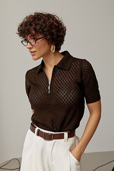 Arbucky Women's Polo Collar Half Zipper Openwork Knitwear Blouse