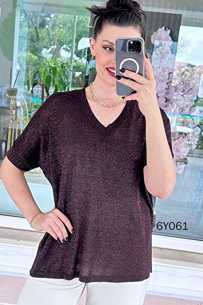 İnce Topuk Silvery V-Neck Mercerized Knitwear Blouse 6Y061