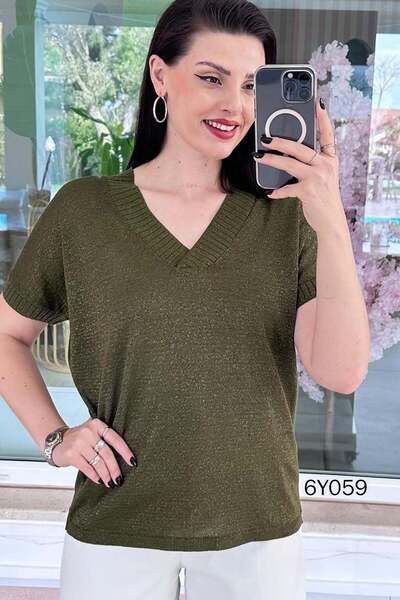 İnce Topuk V-Neck Glittery Knitwear Blouse 6Y059