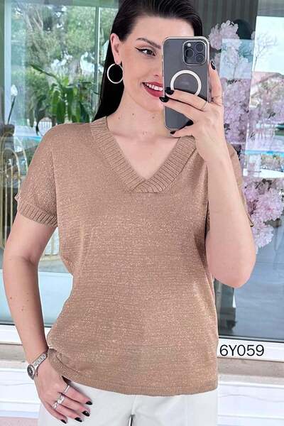 İnce Topuk V-Neck Glittery Knitwear Blouse 6Y059