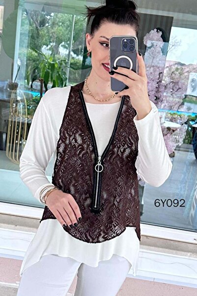 İnce Topuk Δαντελένιο Γιλέκο Μακρυμάνικη Διπλή Μπλούζα 6y092