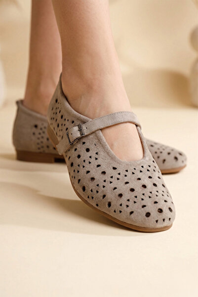 RABU Gri Süet Kadın Hakiki Deri Bantlı Delikli Babet -Mary Jane Babet