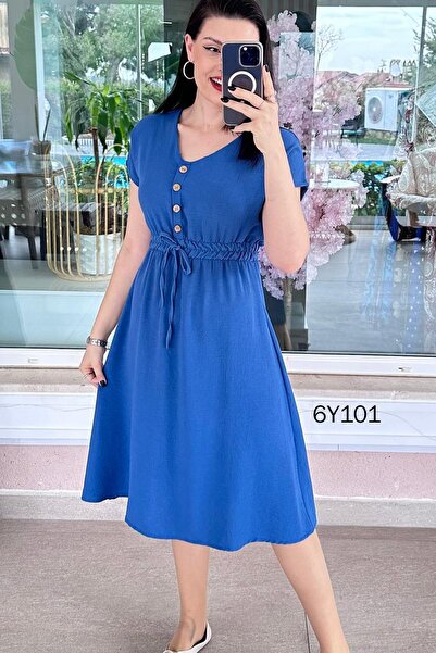 İnce Topuk Φόρεμα Aerobin με λάστιχο στη μέση και λεπτομέρεια με κουμπιά 6y101