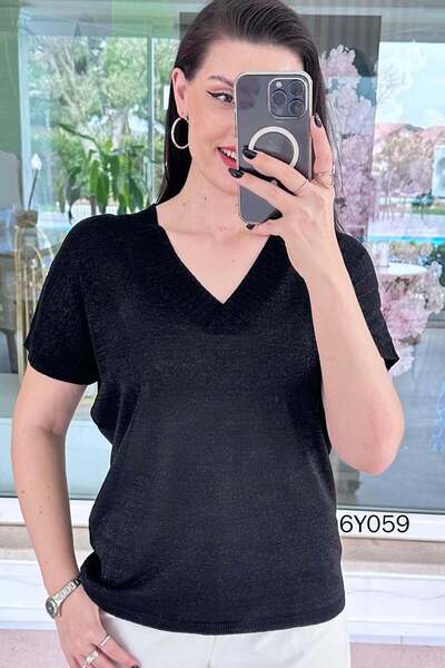 İnce Topuk V-Neck Glittery Knitwear Blouse 6Y059