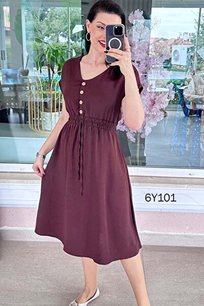 İnce Topuk Φόρεμα Aerobin με λάστιχο στη μέση και λεπτομέρεια με κουμπιά 6y101