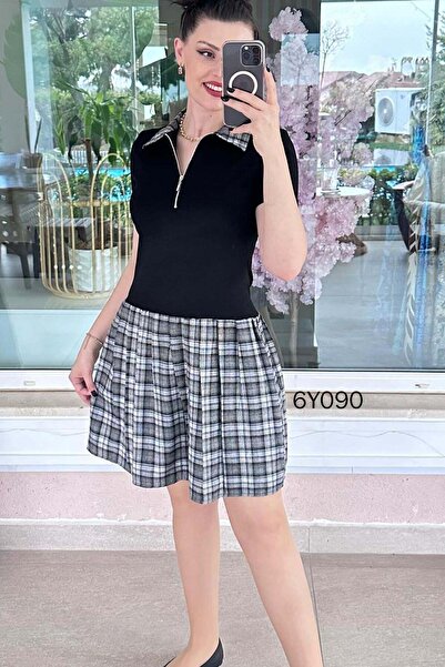 İnce Topuk Καρό Φόρεμα Μοντάλ με Γαρνιτούρα 6y090