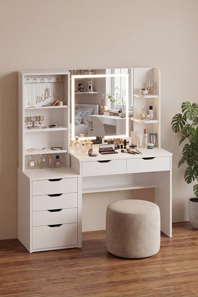 benim odam Diva Dokunmatik Led Aynalı 2 Raflı 2 Çekmeceli Makyaj Masası + Tak...