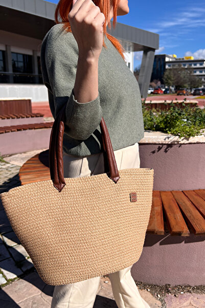 KAAN HOME Μπεζ ψάθινη τσάντα παραλίας και πισίνας με δερμάτινες λαβές, διακοσ...