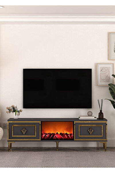 DEMONTE DECOR TV0067-TXA150DD-32 ŞÖMİNELİ TV SEHPASI ANTRASİT-ALTIN