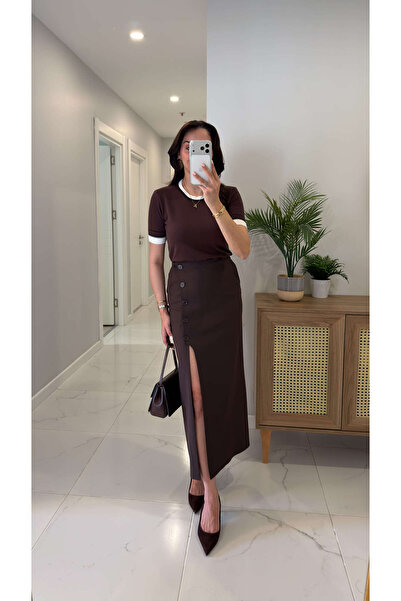 BİRCANÇİL Φούστα Linna Kahve με πλαϊνά κουμπιά και σκίσιμο στην πλάτη