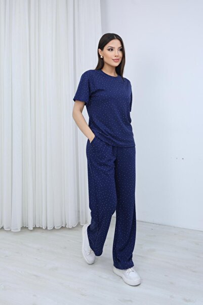 moda poni Γυναικείο Σετ Μπλε Ναυτικό Modal από Ύφασμα με Λεπτομέρεια από Πέτρ...