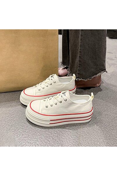 FASHION أحذية رياضية نسائية ذات نعل سميك من القماش مع أربطة