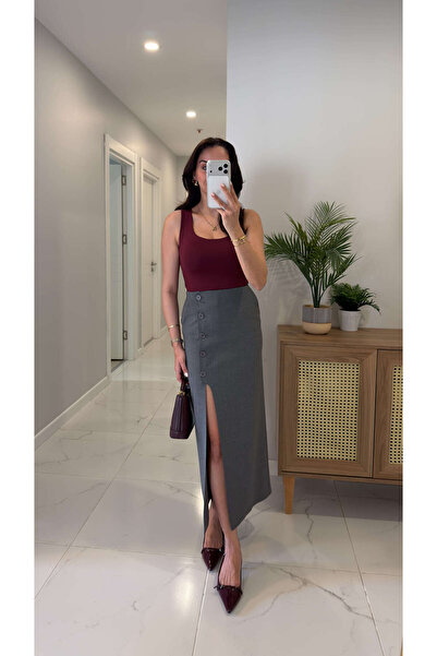 BİRCANÇİL Φούστα Linna σε γκρι απόχρωση με κουμπιά στο πλάι και σκίσιμο στην ...