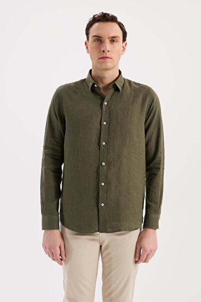 Jakamen Χακί Πουκάμισο Comfort Fit 100% Λινό