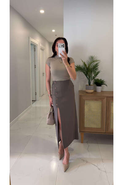 BİRCANÇİL Φούστα Linna Mink με πλαϊνά κουμπιά και σκίσιμο στην πλάτη