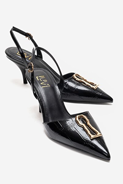 LuviShoes YVELLA Siyah Rugan Baskı Tokalı Sivri Burunlu Kadın Topuklu Ayakkabı