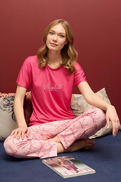 Fulla Moda Σετ πιτζάμες με λαιμόκοψη με σχέδιο φιόγκου