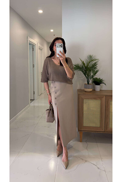 BİRCANÇİL Φούστα Linna σε μπεζ απόχρωση με κουμπιά στο πλάι και σχίσιμο στην ...