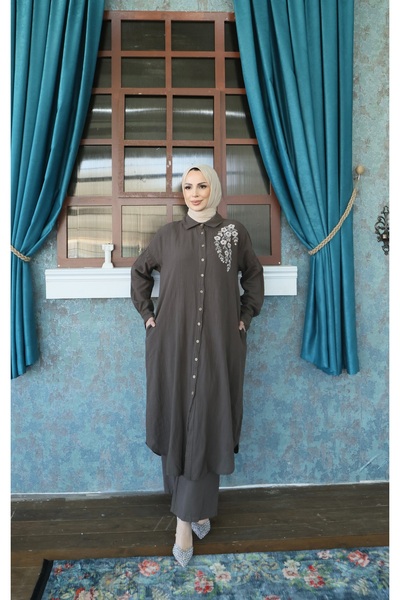 NİSUM MODA Σετ από βαμβακερό λινό με κέντημα λουλουδιών