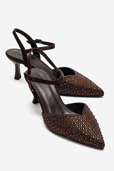LuviShoes VİLKA Kahverengi Saten Taşlı Kadın Sivri Burun İnce Topuklu Abiye A...