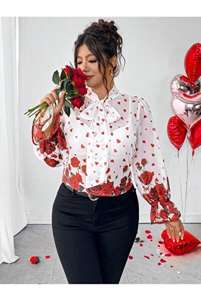 Iuliashop Layla Women's White Shirt with Red Hearts and Roses - Plus Sizes - 44